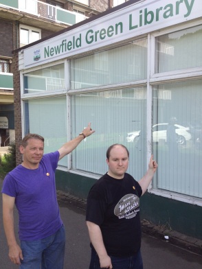 Activists Ron Bell and Richard Shaw at Newfield Green library