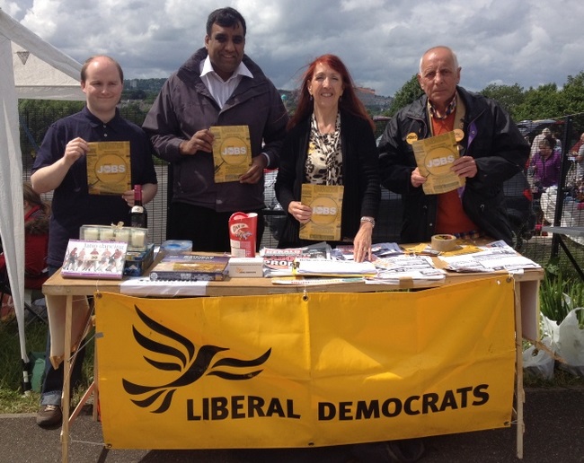 Promoting the Lib Dem 'Million Jobs' campaign at the Heeley Festival. Pictured (l-r): Local campaigner Richard Shaw, Councillor Shaffaq Mohammed, Councillor Denise Reaney and local campaigner Steve Ayris.